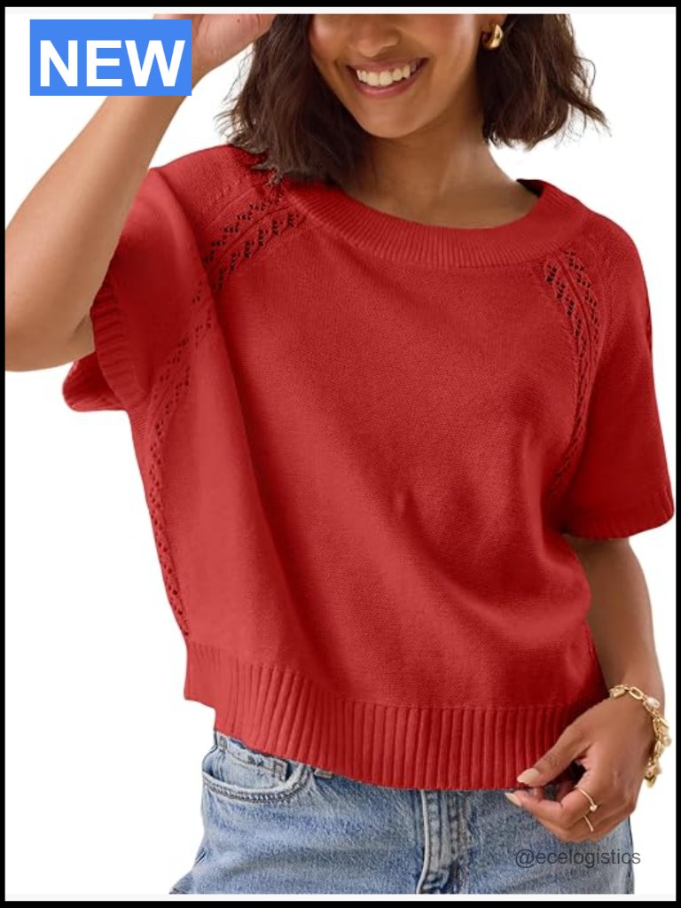 Knit Crochet Top Short Sleeve Crew Neck Pullover Sweater Blouse